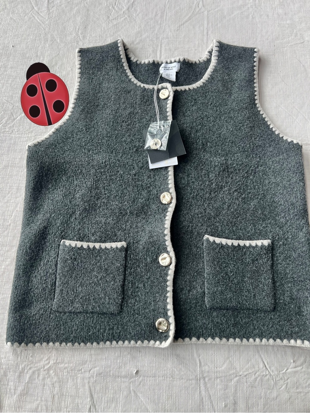 Song of Style Gray Vest with Cream Scalloped Trim about 10 (see measurements)